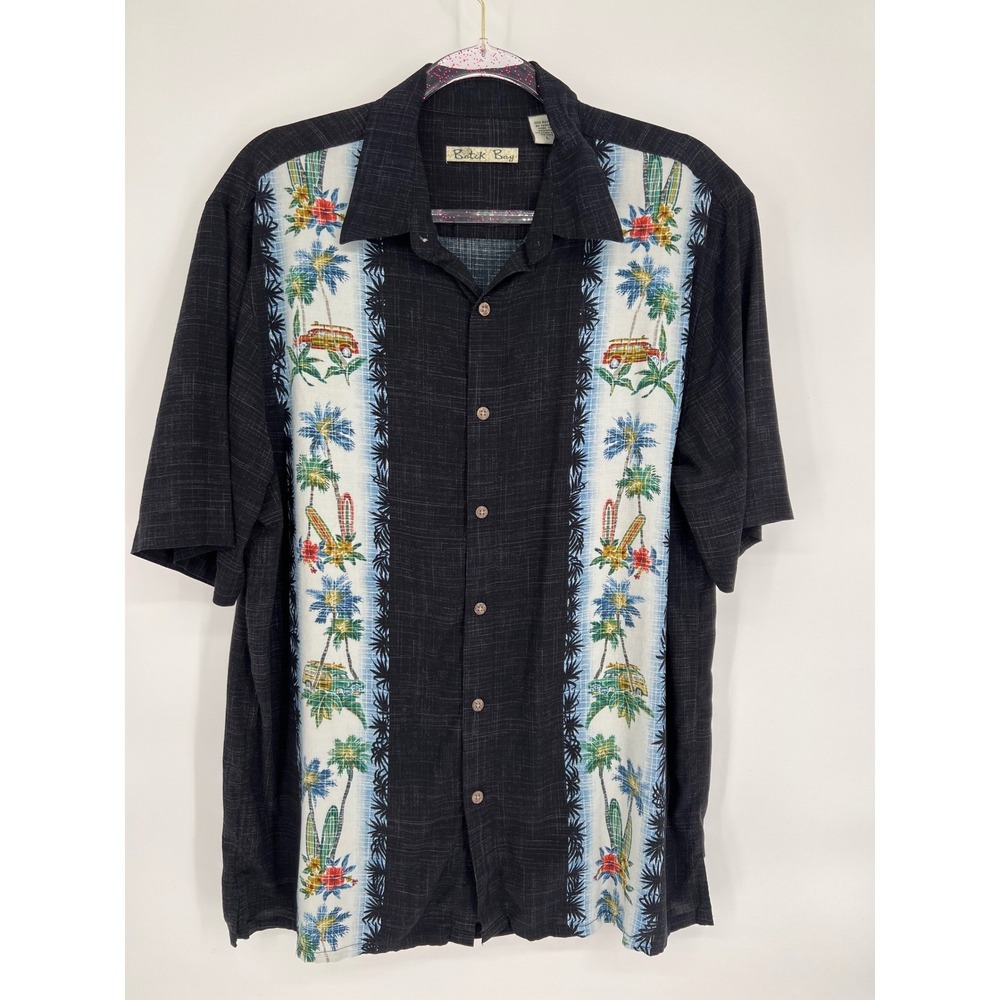 Batik Bay Hawaiian Shirt‎ Palm Tree Surfboard Van Rayon Button Up Black L